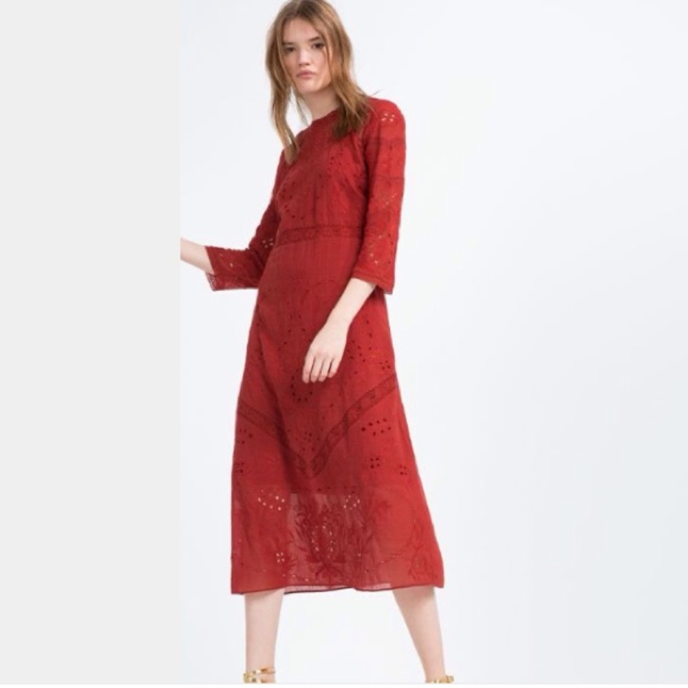 Zara Red Embroidered Midi Dress